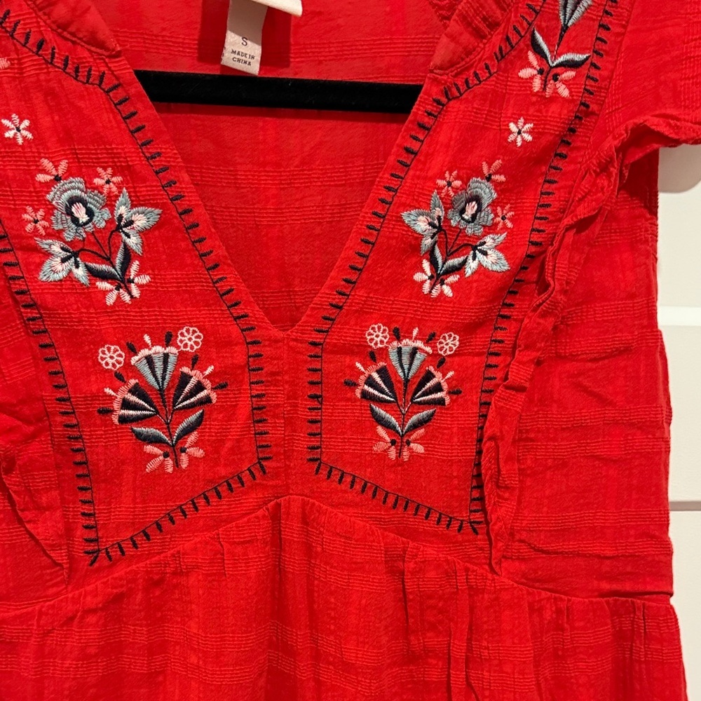 Red Embroidered Flutter-Sleeve Dress - Picture 3 of 5